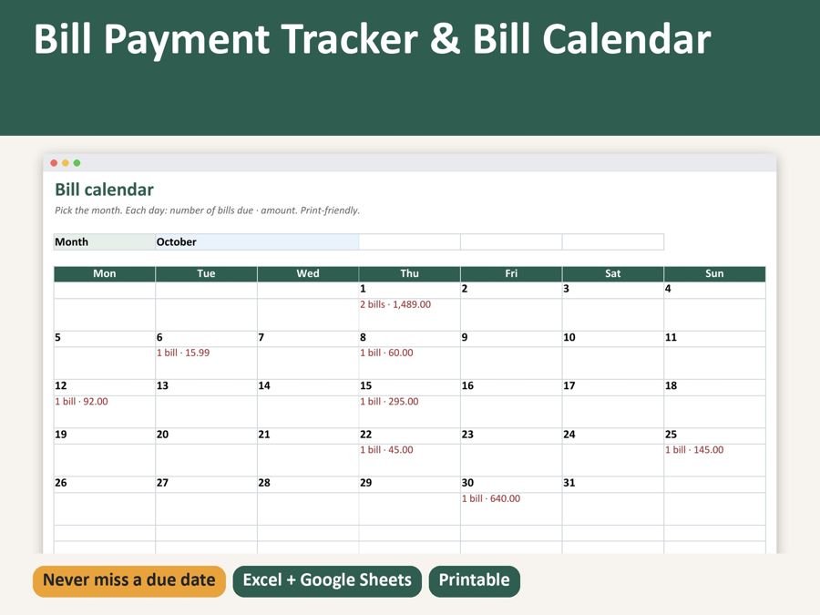 Bill Payment Tracker Spreadsheet — Preview 1