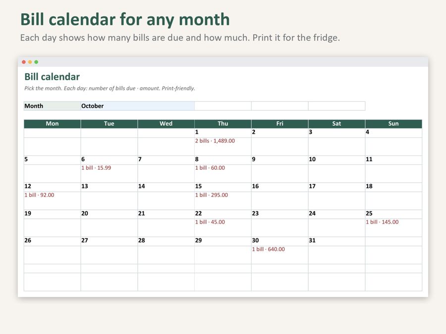 Bill Payment Tracker Spreadsheet — Preview 2