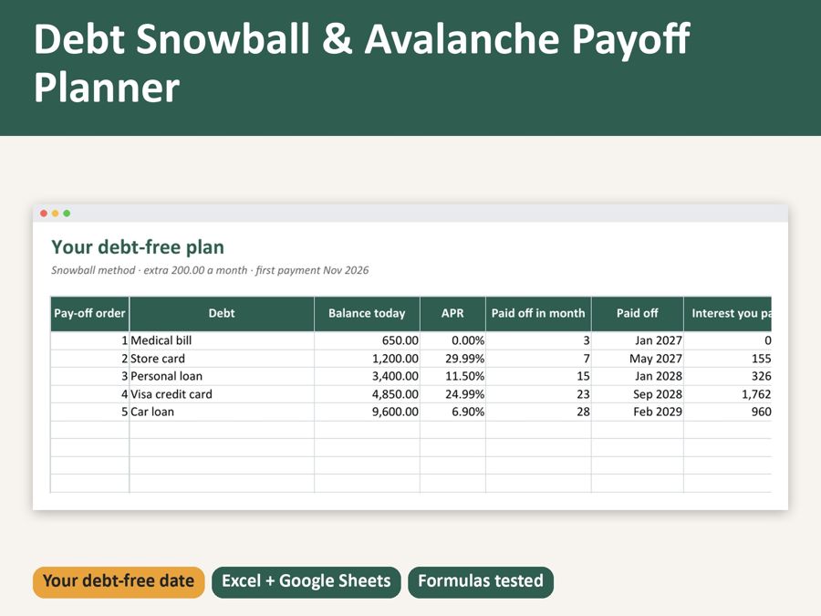Debt Snowball Spreadsheet — Preview 1