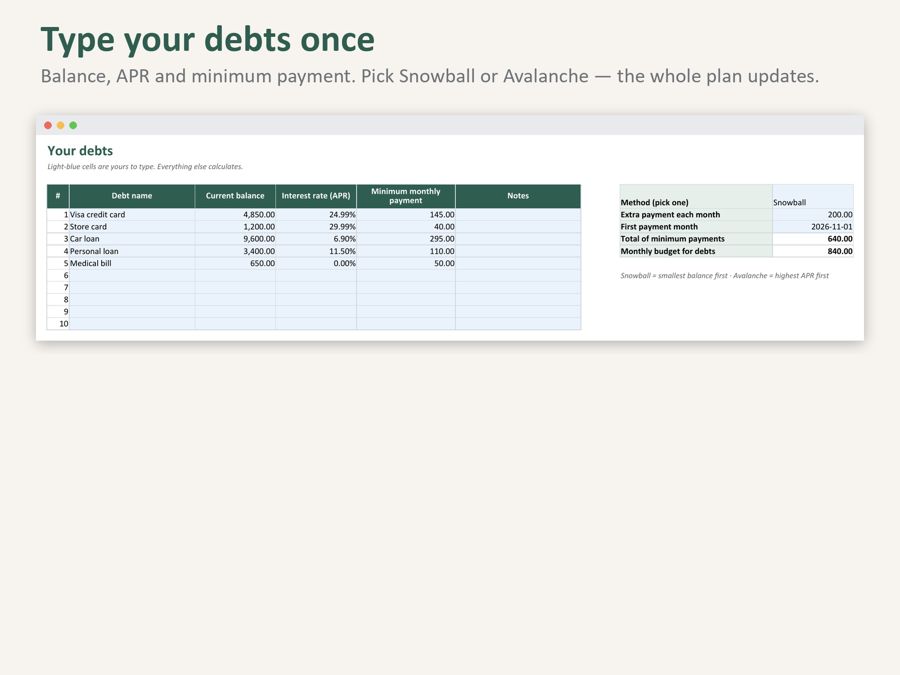 Debt Snowball Spreadsheet — Preview 3