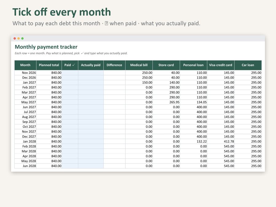 Debt Snowball Spreadsheet — Preview 4
