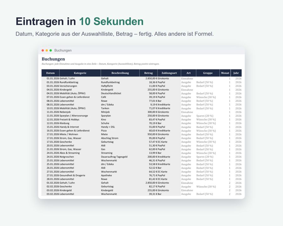 Haushaltsbuch Excel Vorlage 2026 — Vorschau 4