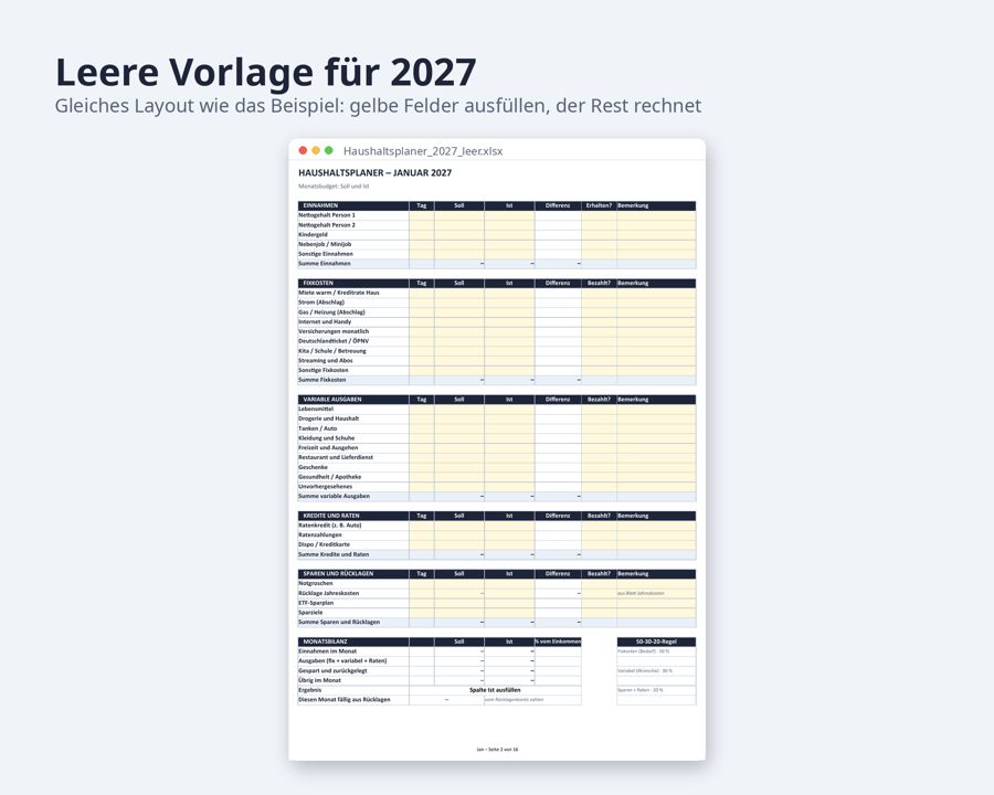 Haushaltsplaner Excel Vorlage 2026 2027 — Vorschau 4