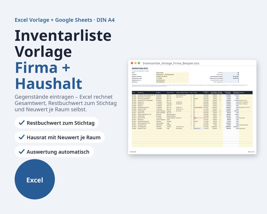Inventarliste Vorlage Excel Firma und Haushalt — Vorschau 1