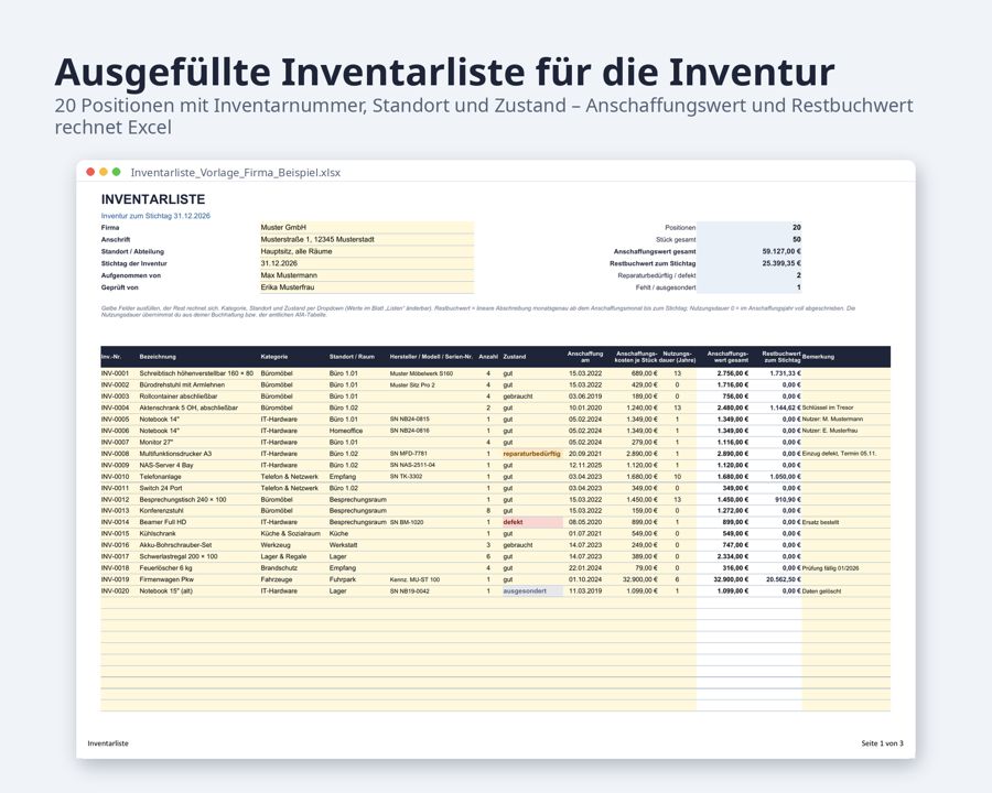 Inventarliste Vorlage Excel Firma und Haushalt — Vorschau 2