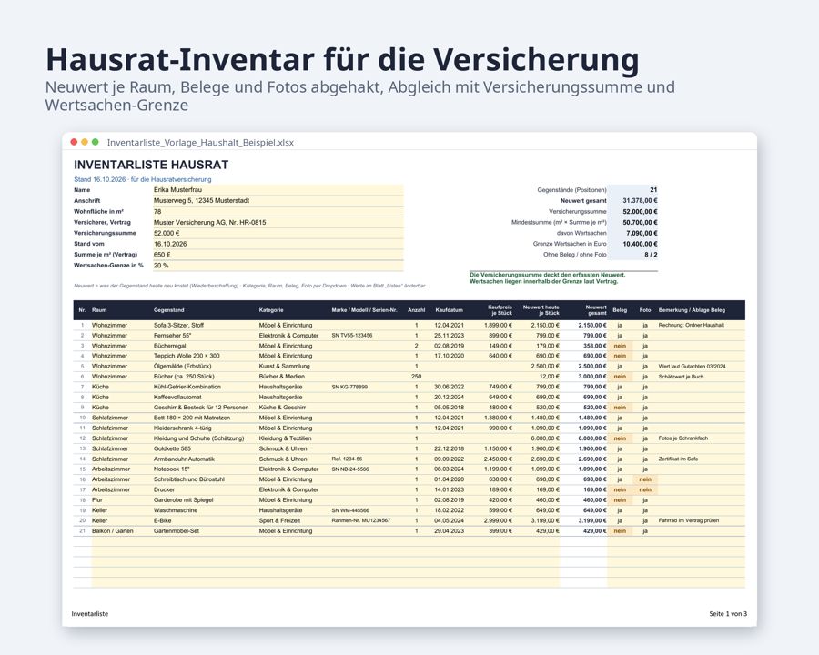 Inventarliste Vorlage Excel Firma und Haushalt — Vorschau 3
