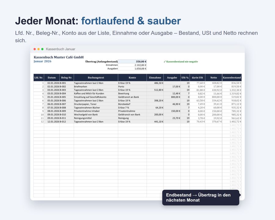 Kassenbuch Excel Vorlage 2026 — Vorschau 2