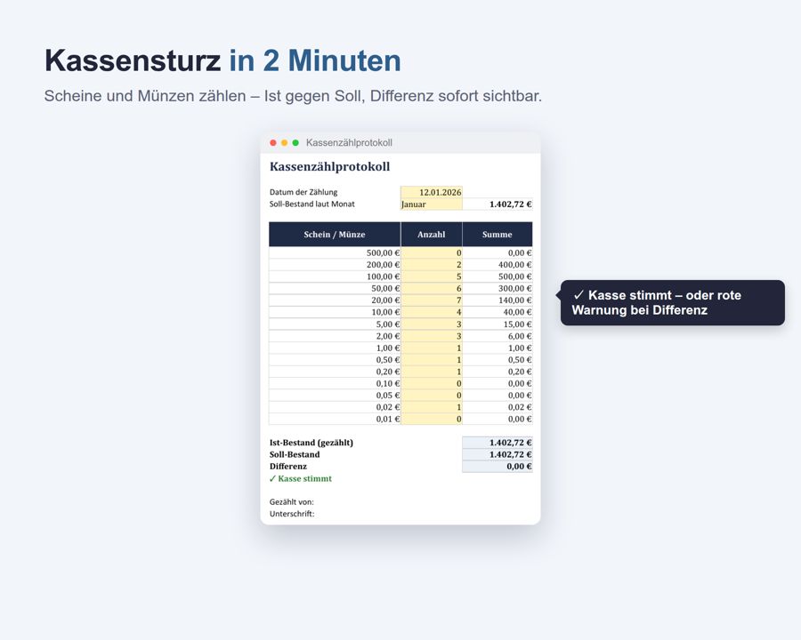 Kassenbuch Excel Vorlage 2026 — Vorschau 4