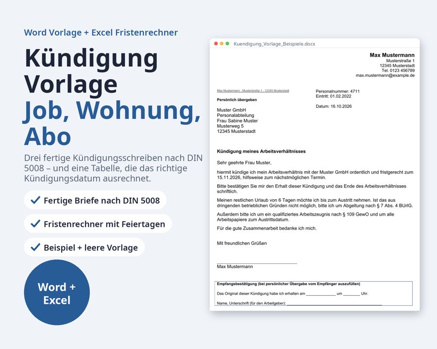 Kündigung Vorlage Word & Excel — Vorschau 1