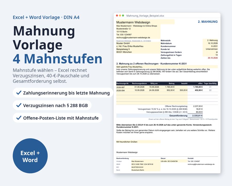Mahnung Vorlage Excel Word mit Verzugszinsen — Vorschau 1
