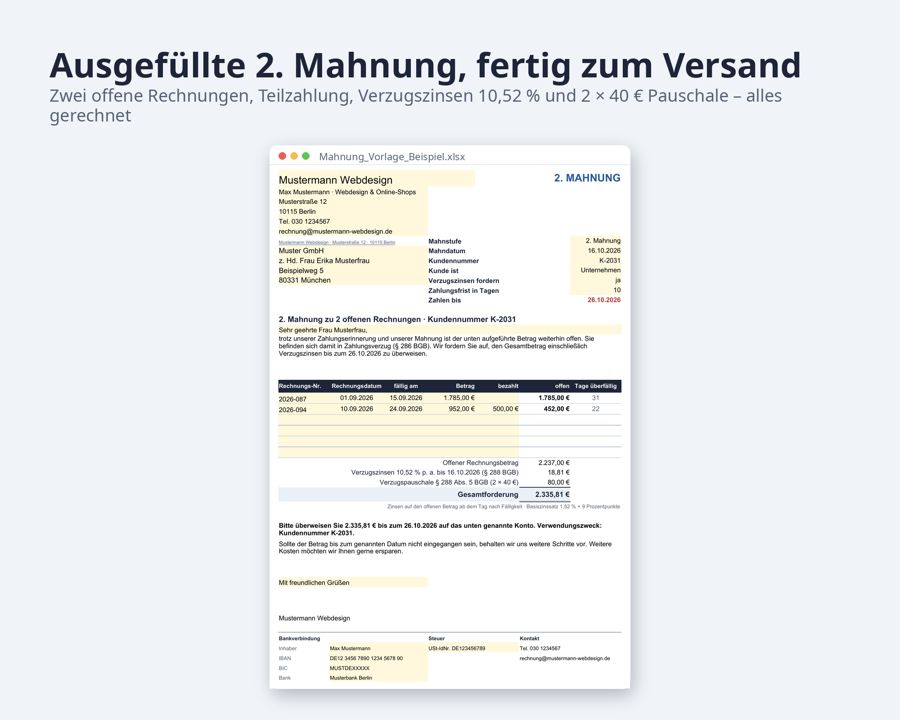 Mahnung Vorlage Excel Word mit Verzugszinsen — Vorschau 2