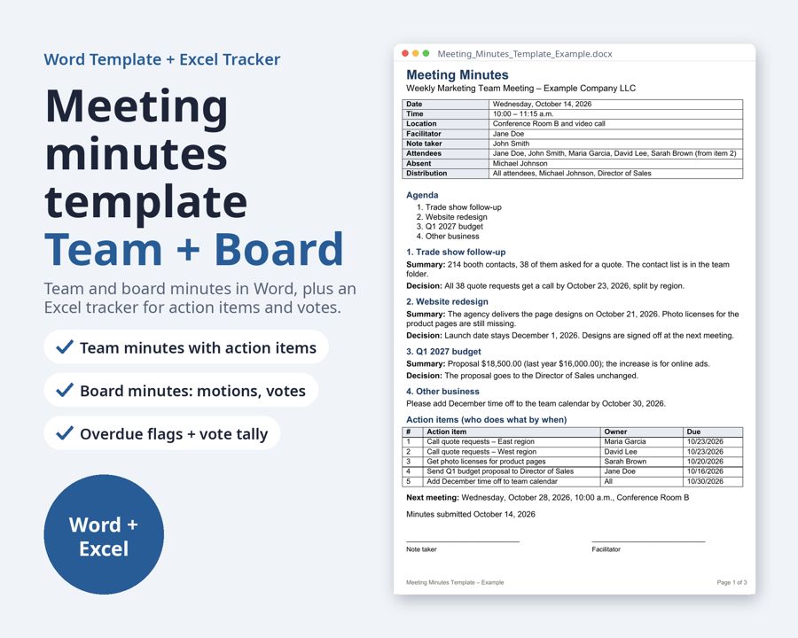 Meeting Minutes Template Word & Excel — Preview 1