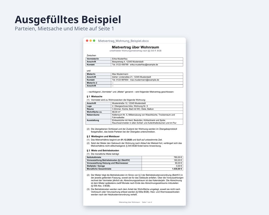 Mietvertrag Vorlage Wohnung, Word + Excel — Vorschau 2