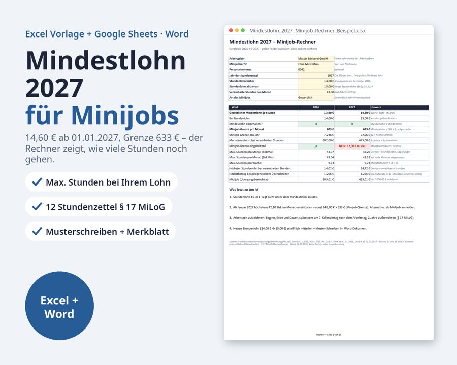 Mindestlohn 2027 Minijob Rechner Excel — Vorschau 1