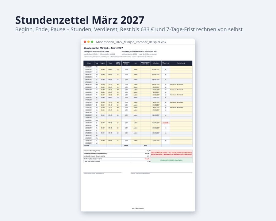 Mindestlohn 2027 Minijob Rechner Excel — Vorschau 3