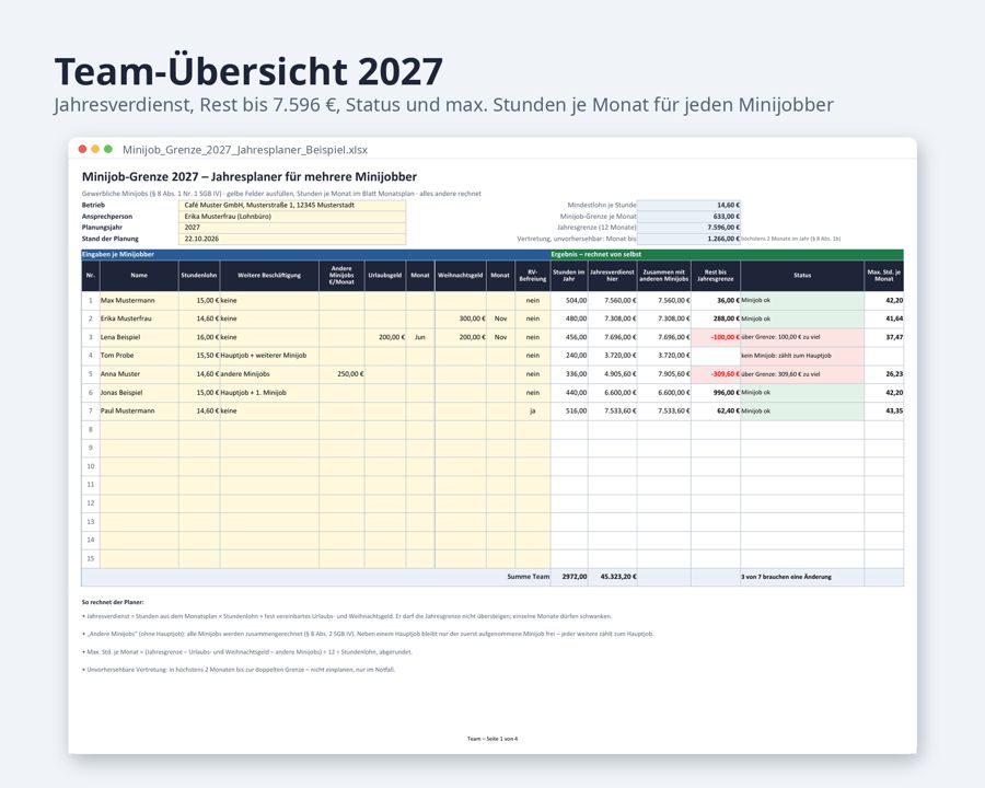 Minijob Grenze 2027 Jahresplaner Excel — Vorschau 2