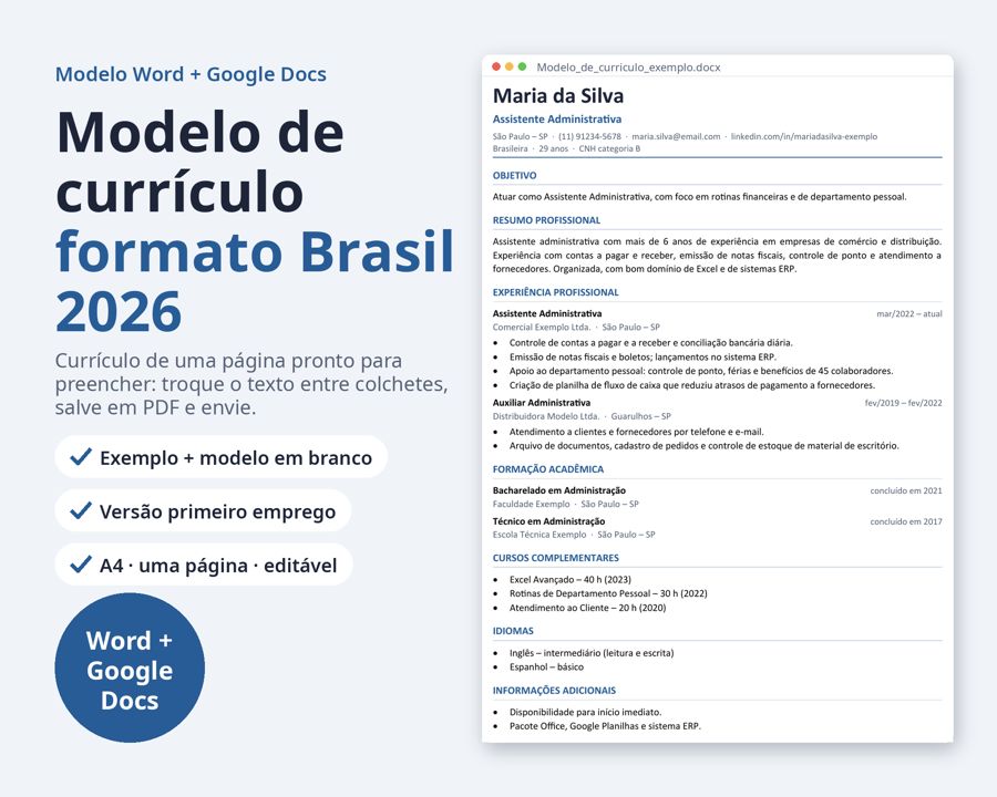 Modelo de currículo Word 2026 formato Brasil — Prévia 1