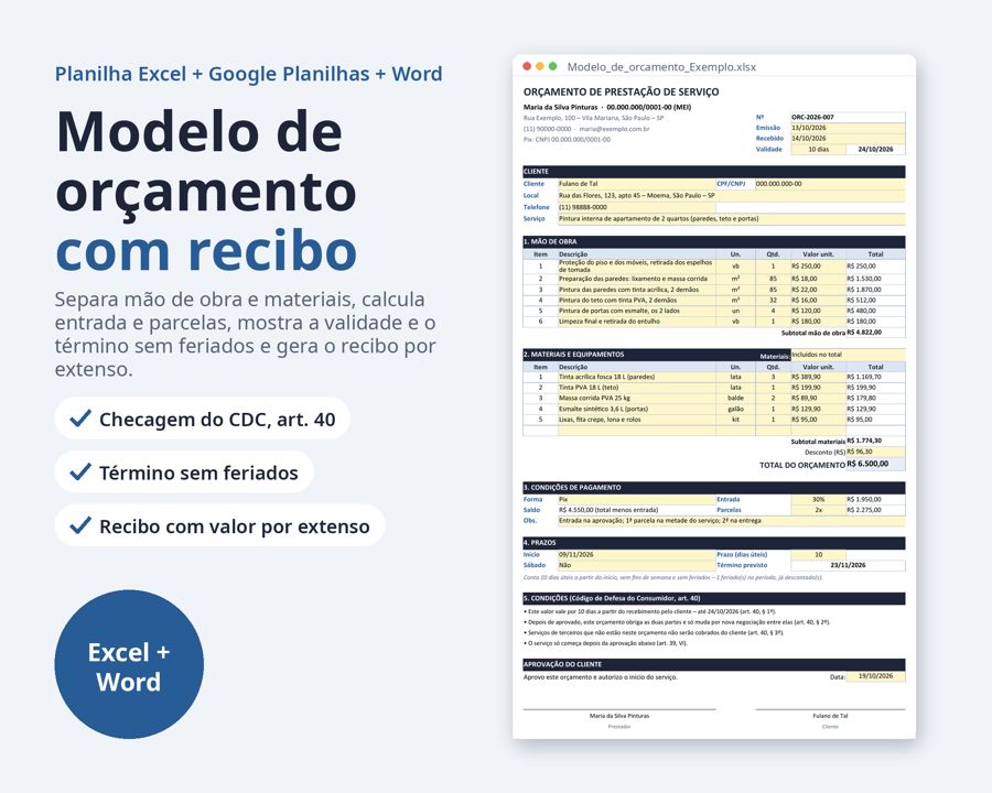 Modelo de orçamento Excel para prestação de serviço — Prévia 1