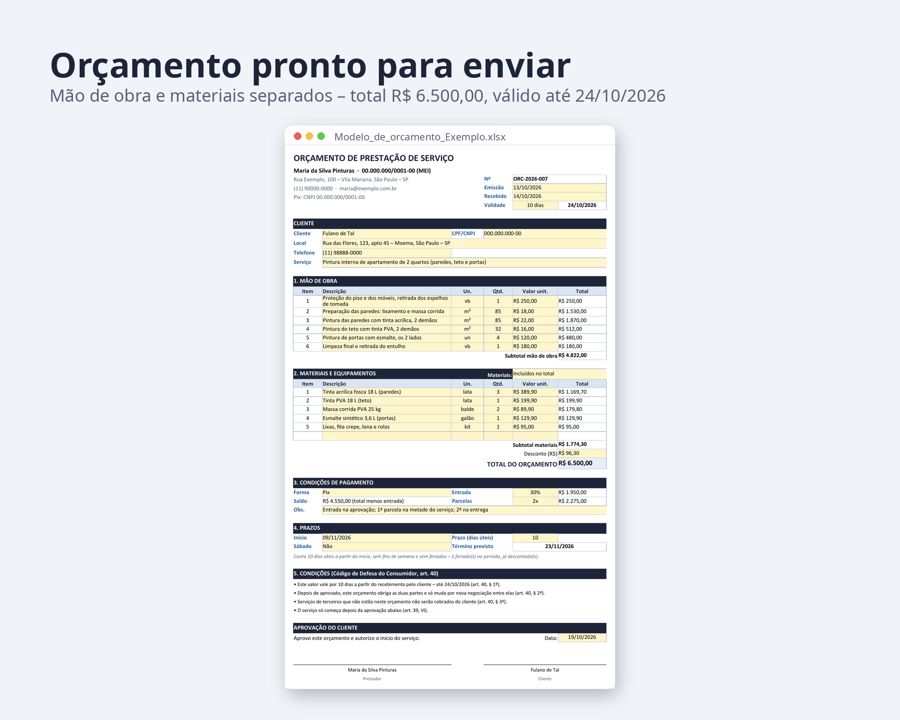 Modelo de orçamento Excel para prestação de serviço — Prévia 2