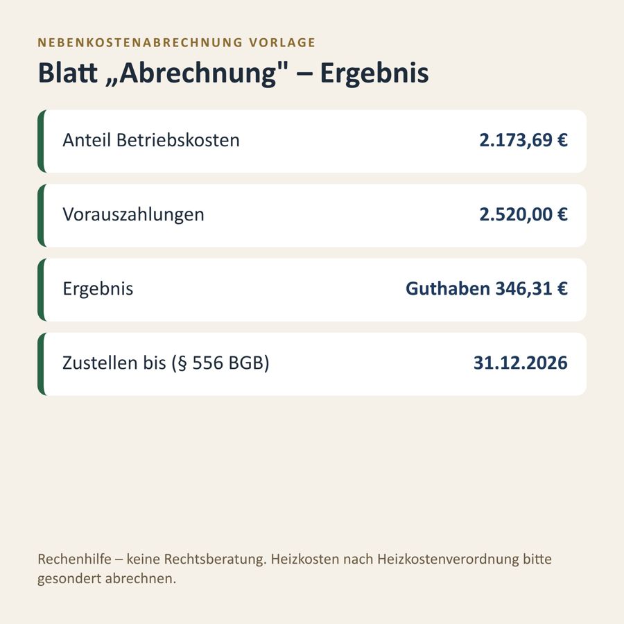 Nebenkostenabrechnung Vorlage Excel 2026 — Vorschau 3