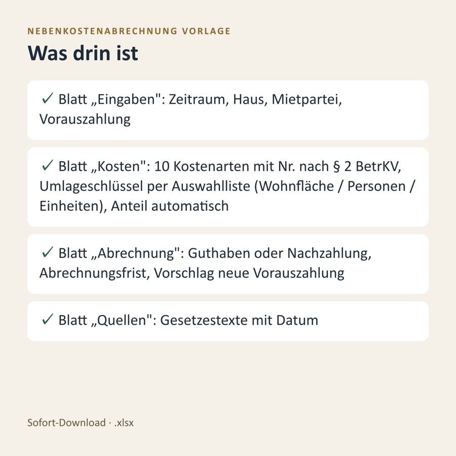 Nebenkostenabrechnung Vorlage Excel 2026 — Vorschau 4
