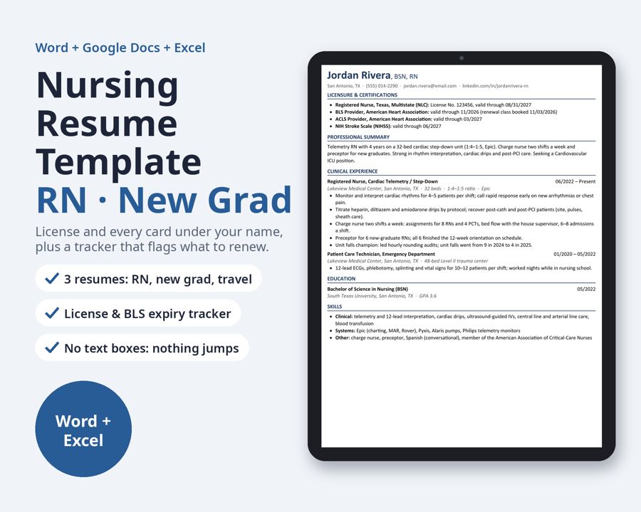 Nursing Resume Template RN, New Grad, Travel Nurse — Preview 1