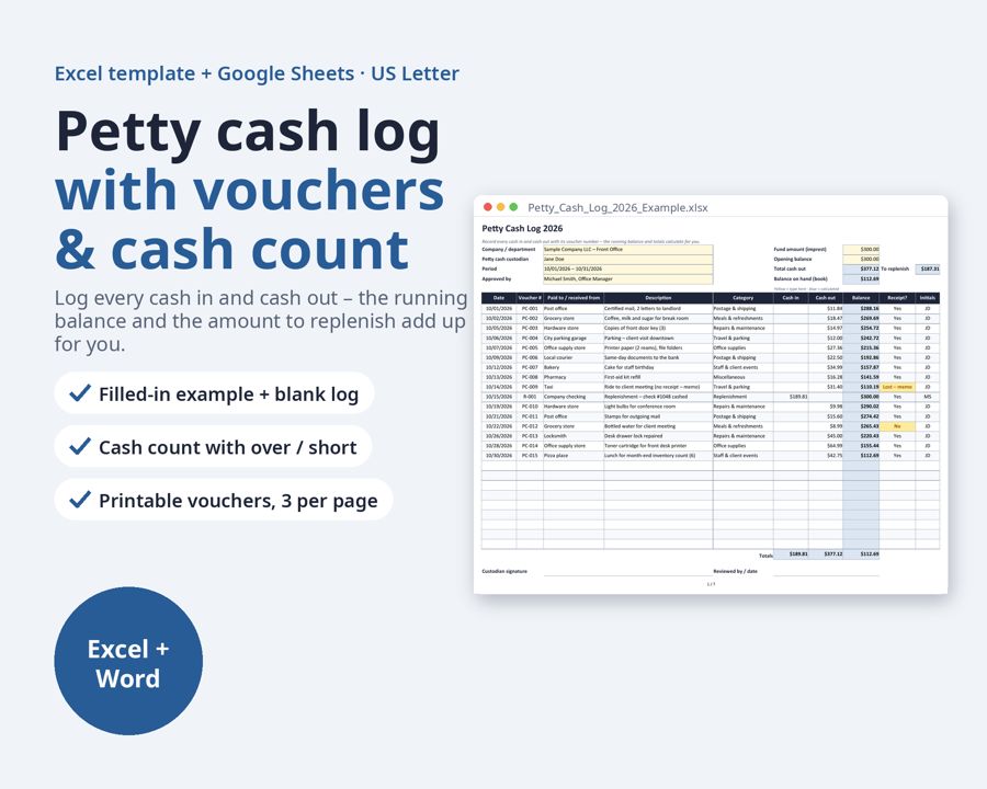 Petty Cash Log Excel, Google Sheets — Preview 1