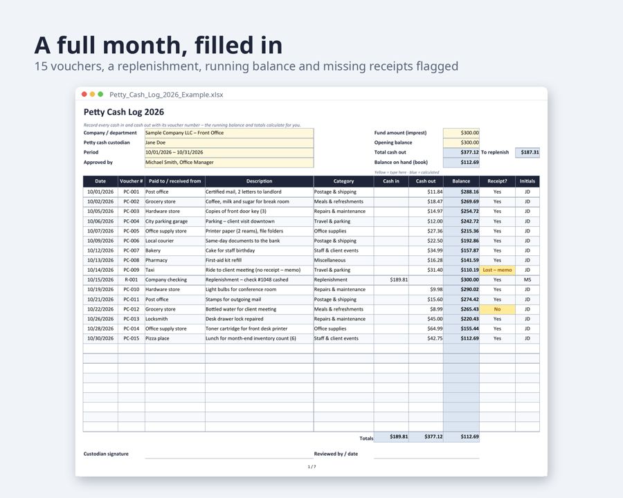 Petty Cash Log Excel, Google Sheets — Preview 2