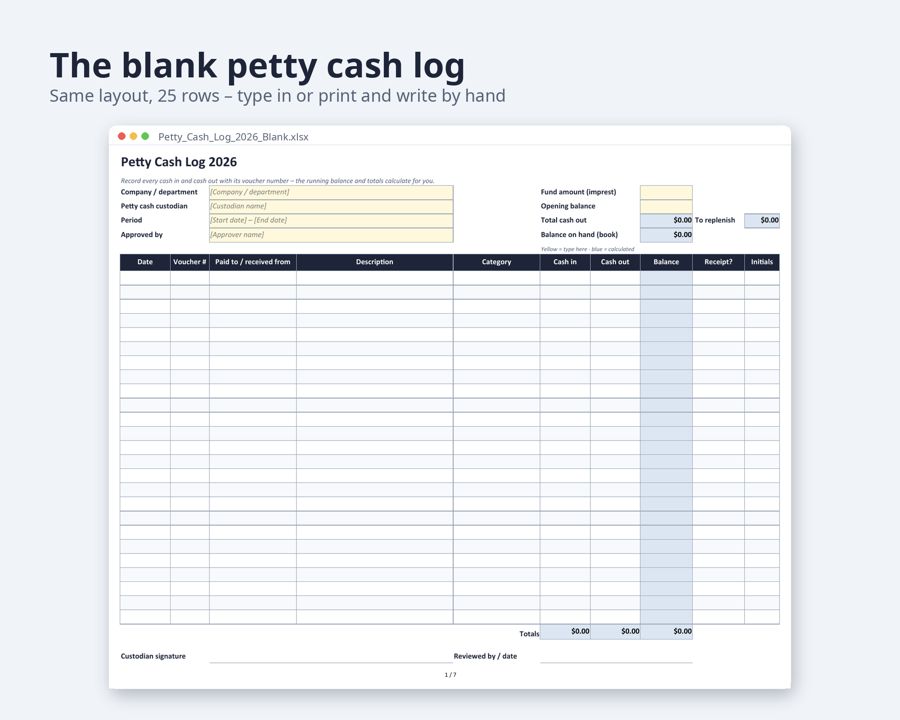 Petty Cash Log Excel, Google Sheets — Preview 3