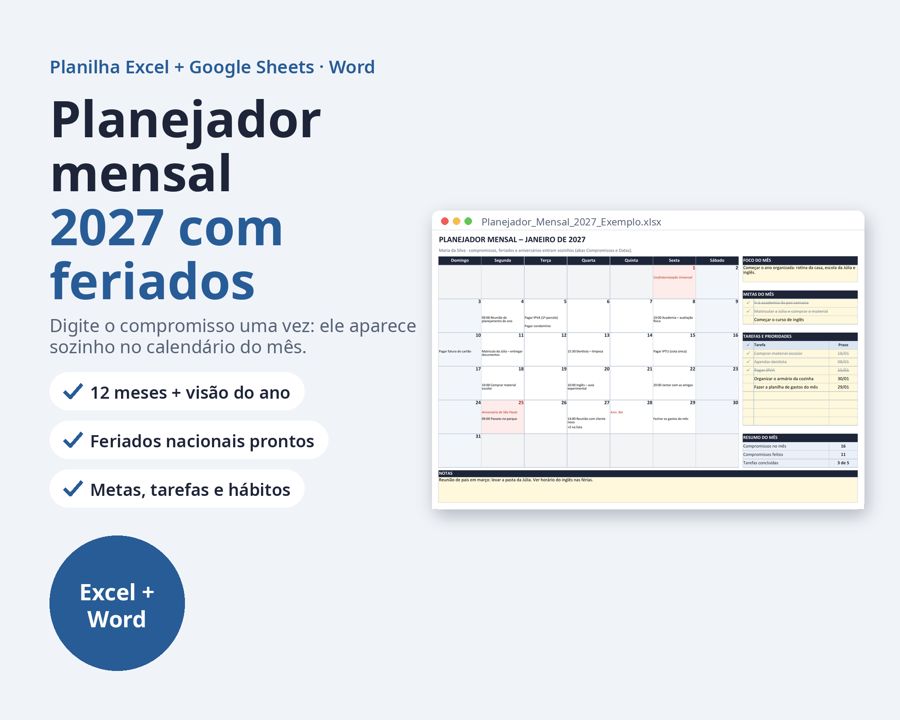 Planejador mensal 2027 planilha Excel com feriados — Prévia 1