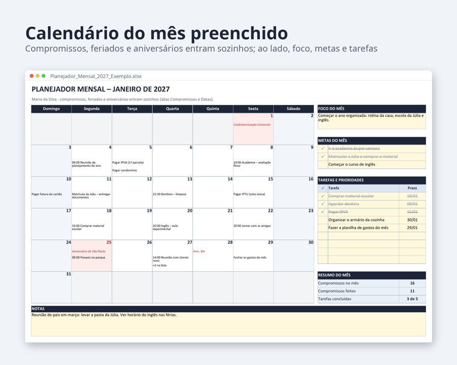 Planejador mensal 2027 planilha Excel com feriados — Prévia 2