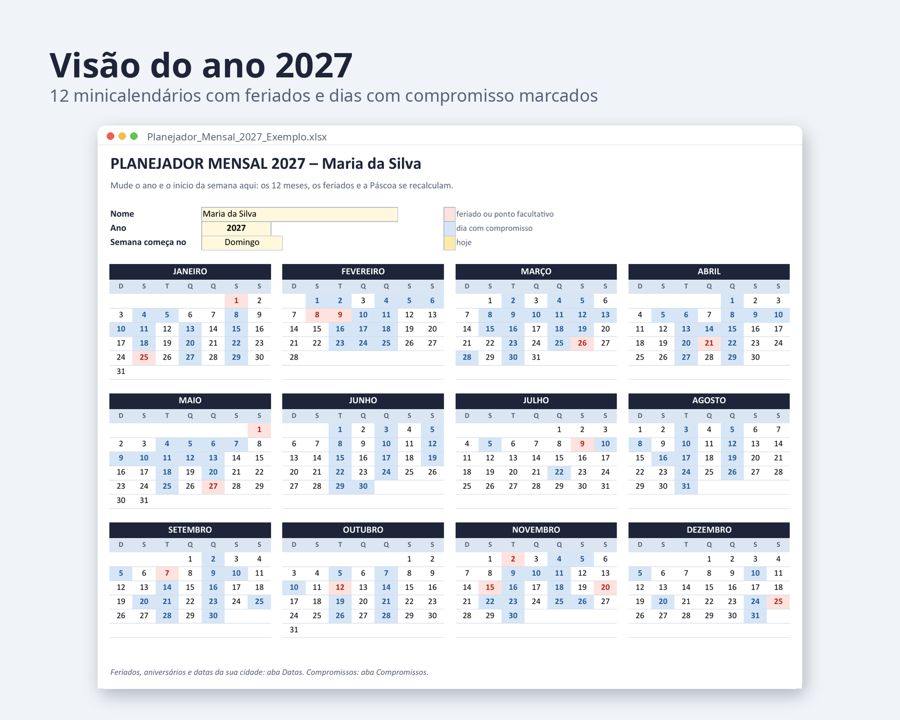 Planejador mensal 2027 planilha Excel com feriados — Prévia 3