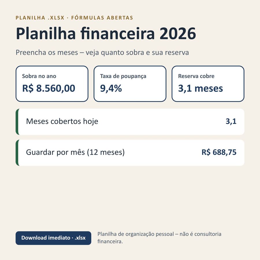 Planilha financeira pessoal 2026 Excel — Prévia 1