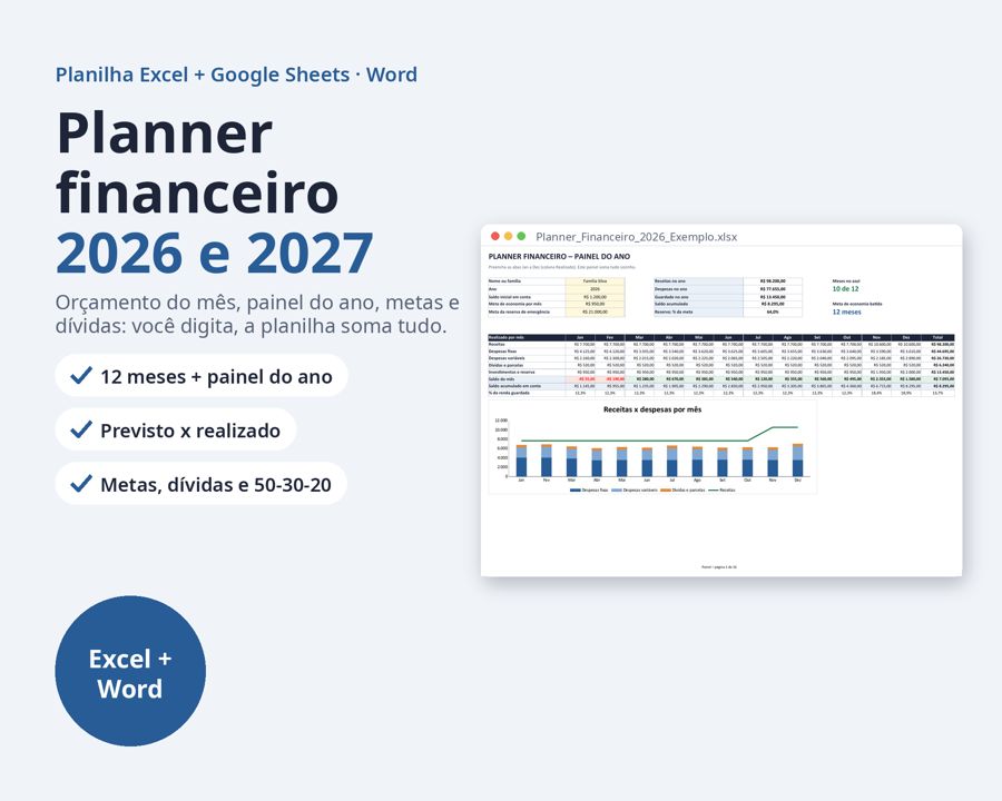 Planner financeiro planilha Excel 2026 2027 — Prévia 1