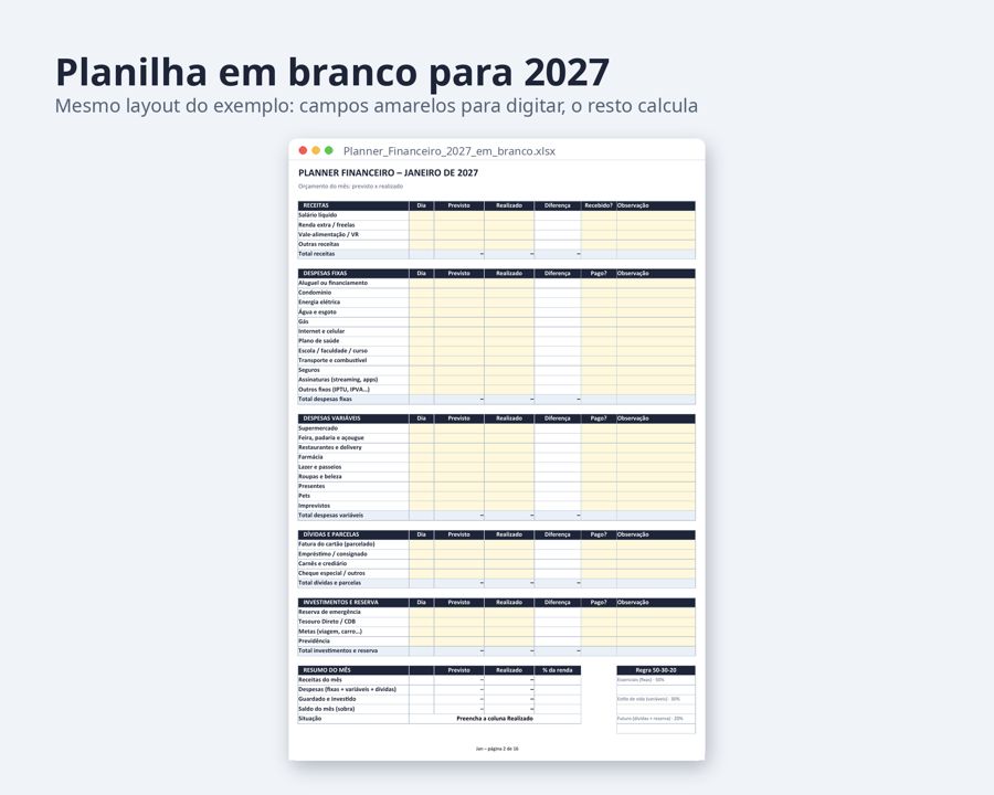 Planner financeiro planilha Excel 2026 2027 — Prévia 4