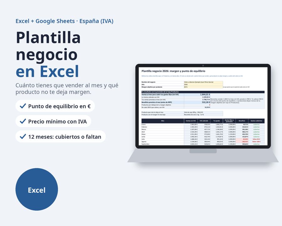 Plantilla negocio pequeño Excel: margen por producto y punto de equilibrio — Vista previa 1