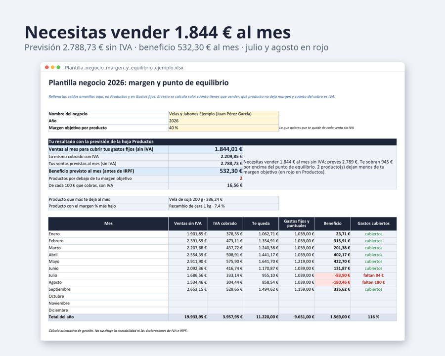 Plantilla negocio pequeño Excel: margen por producto y punto de equilibrio — Vista previa 2