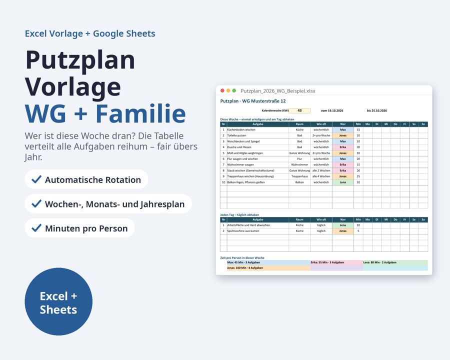 Putzplan Vorlage Excel 2026 für WG und Familie — Vorschau 1
