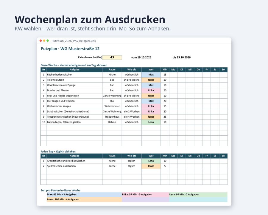 Putzplan Vorlage Excel 2026 für WG und Familie — Vorschau 2