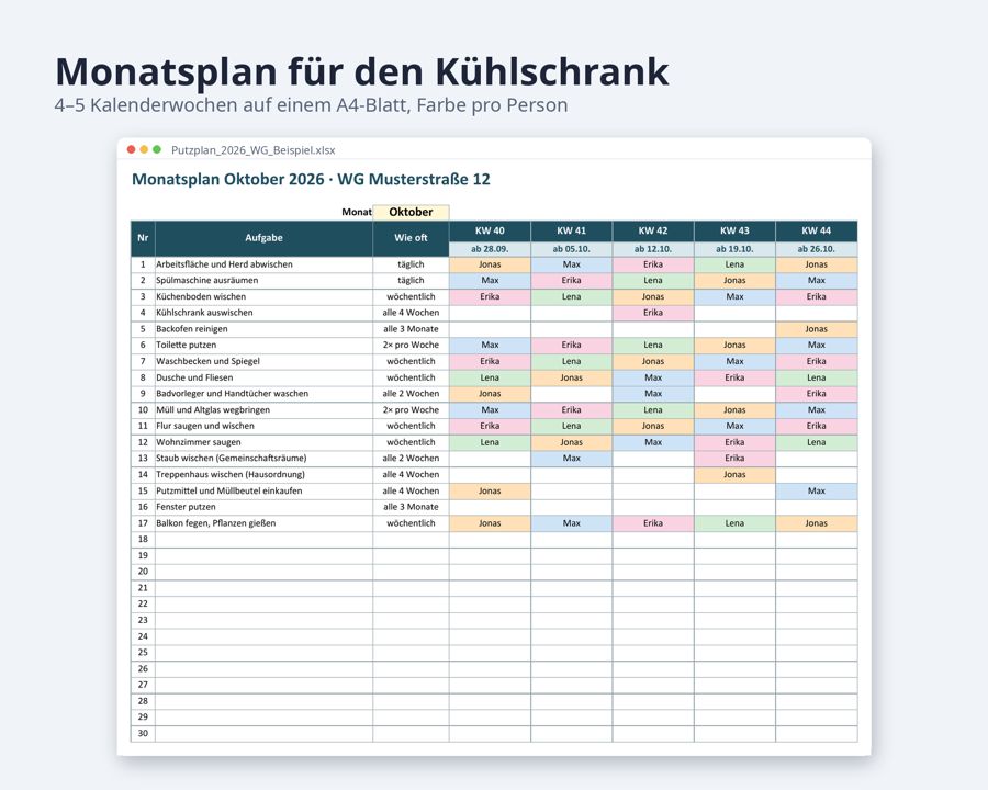 Putzplan Vorlage Excel 2026 für WG und Familie — Vorschau 4