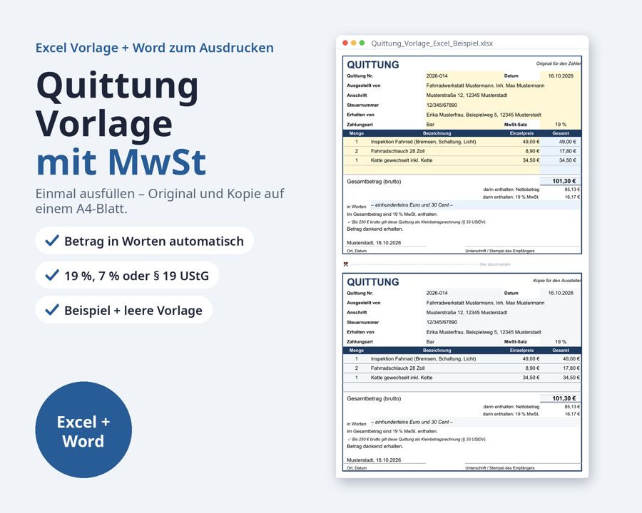 Quittung Vorlage Excel + Word, mit MwSt — Vorschau 1