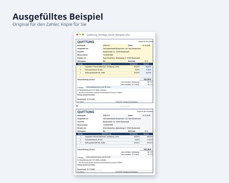 Quittung Vorlage Excel + Word, mit MwSt — Vorschau 2