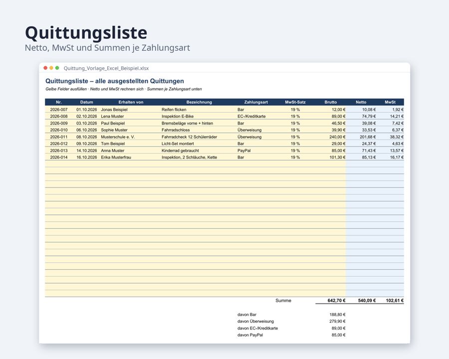 Quittung Vorlage Excel + Word, mit MwSt — Vorschau 4