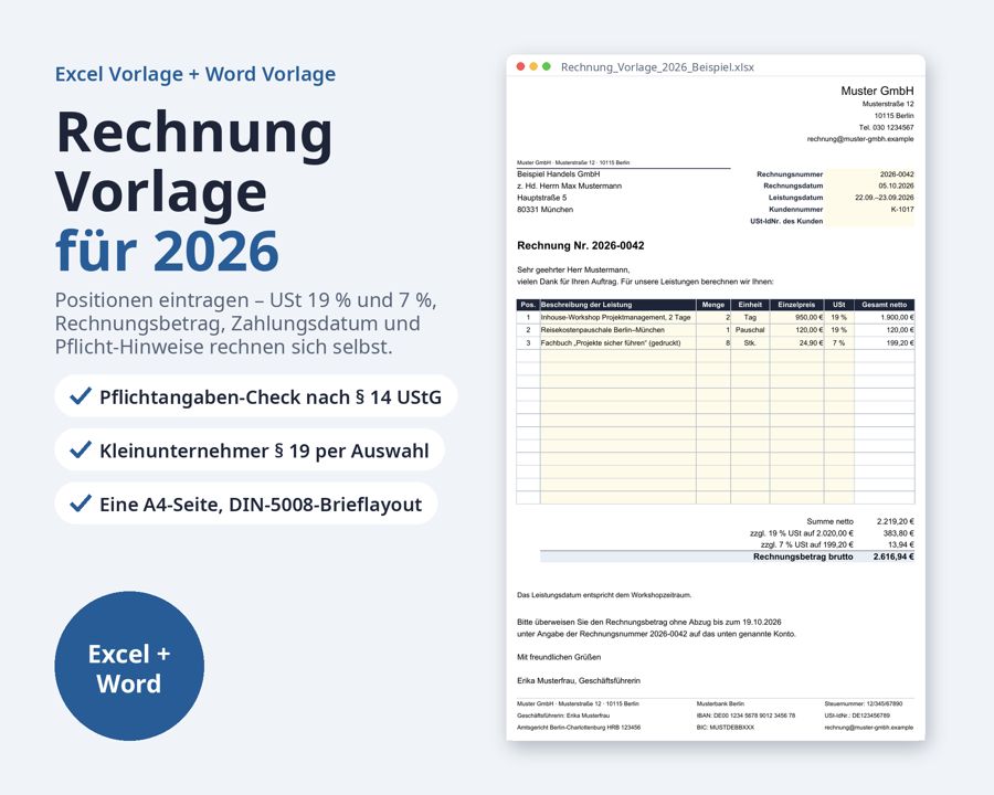 Rechnung Vorlage Excel 2026 — Vorschau 1