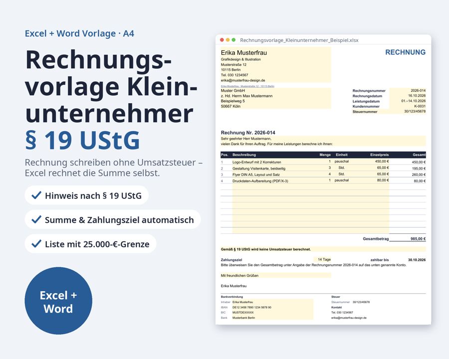 Rechnungsvorlage Kleinunternehmer Excel Word — Vorschau 1
