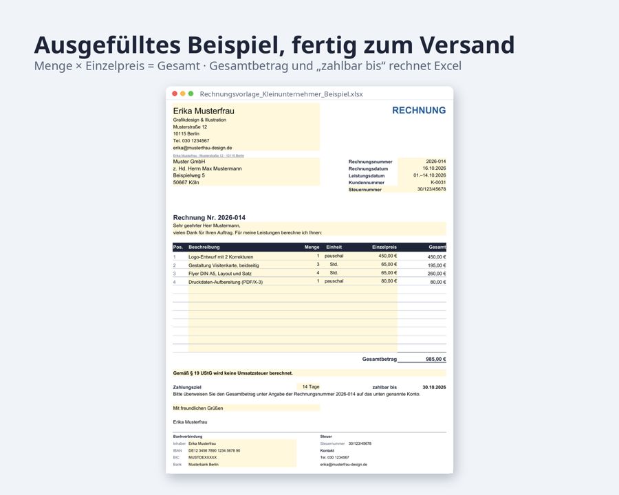 Rechnungsvorlage Kleinunternehmer Excel Word — Vorschau 2
