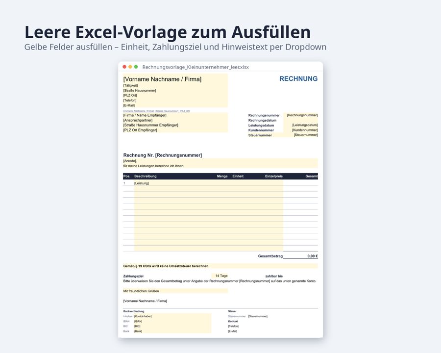 Rechnungsvorlage Kleinunternehmer Excel Word — Vorschau 3