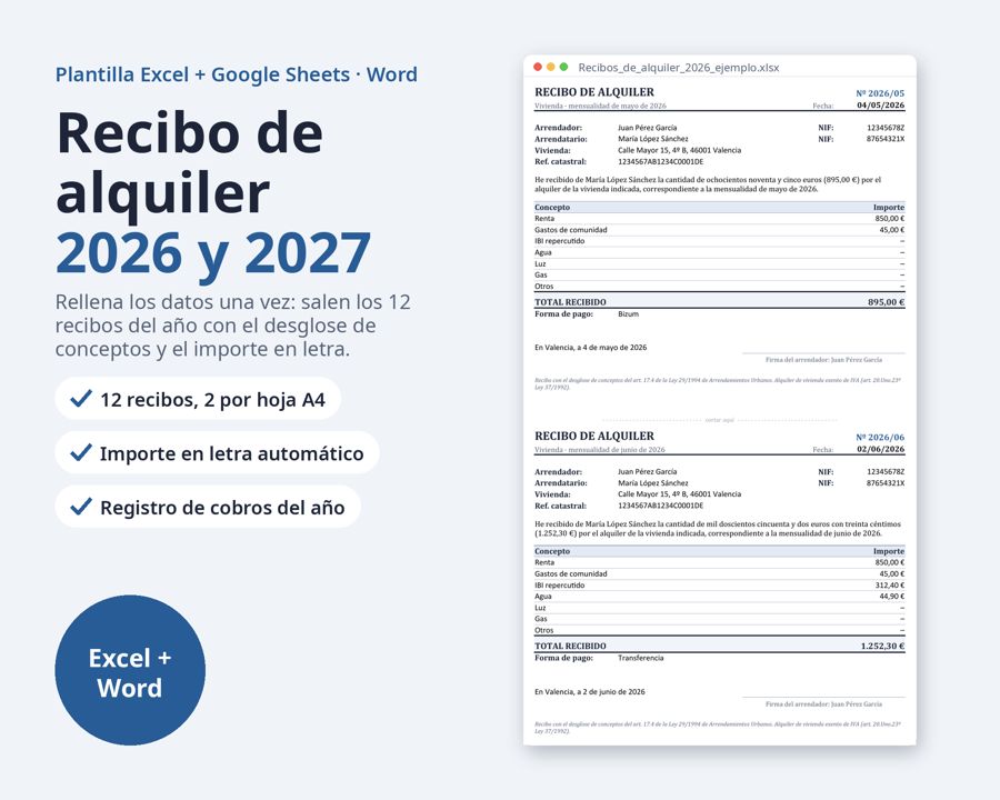 Recibo de alquiler plantilla Excel y Word 2026 2027 — Vista previa 1