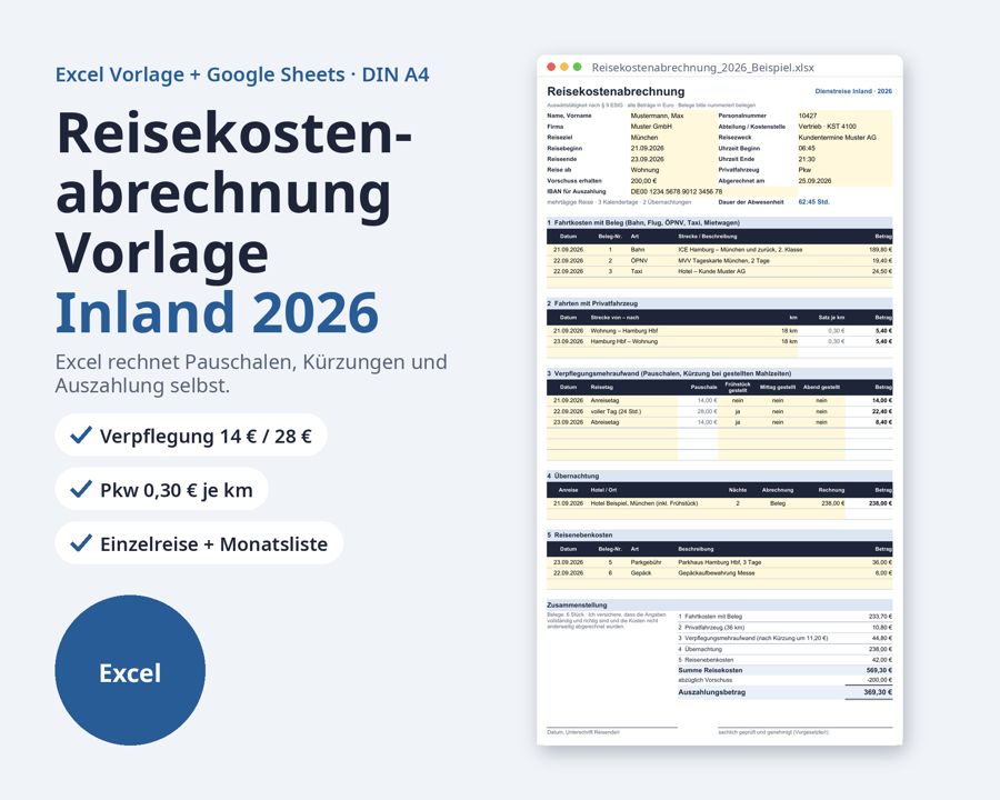 Reisekostenabrechnung Vorlage Excel 2026 — Vorschau 1