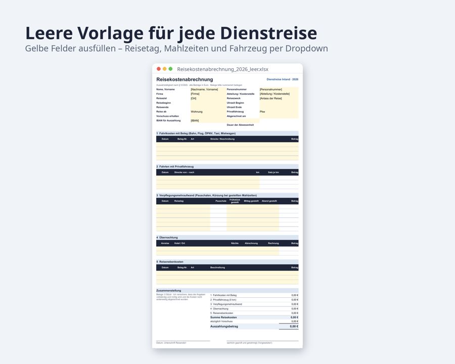 Reisekostenabrechnung Vorlage Excel 2026 — Vorschau 4